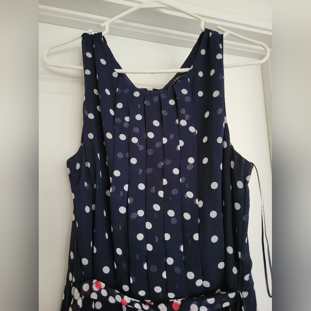 R&K Sleeveless Navy/Pink/White Polka Dot Tie Waist Maxi Dress - Size 16 - Picture 3 of 5